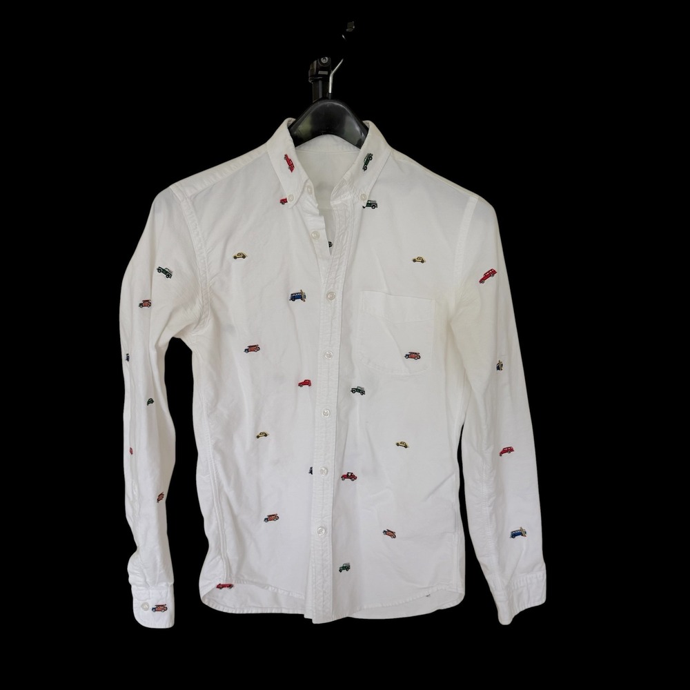 J. Crew White Embroidered Car Surfboard Oxford Shirt G4742 SU17 Sm Distressed